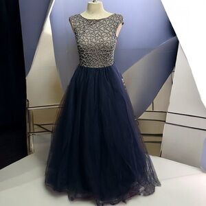 Terani Couture Navy and Beige Dress